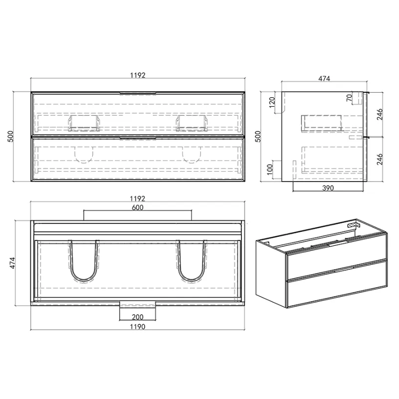 Badnor Melissa 120+40cm mbl.pk m/dobbel servant (97531) Lucy speil m/lys