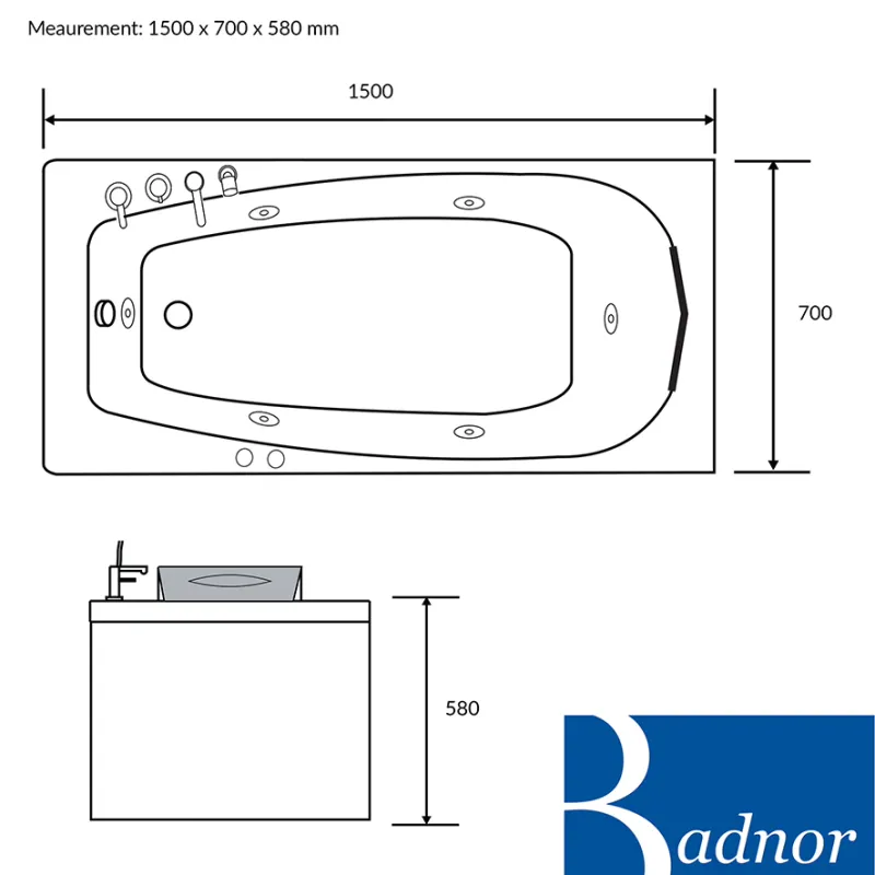 Badnor Sofia massasjebadekar 150cm - Venstre (V2)