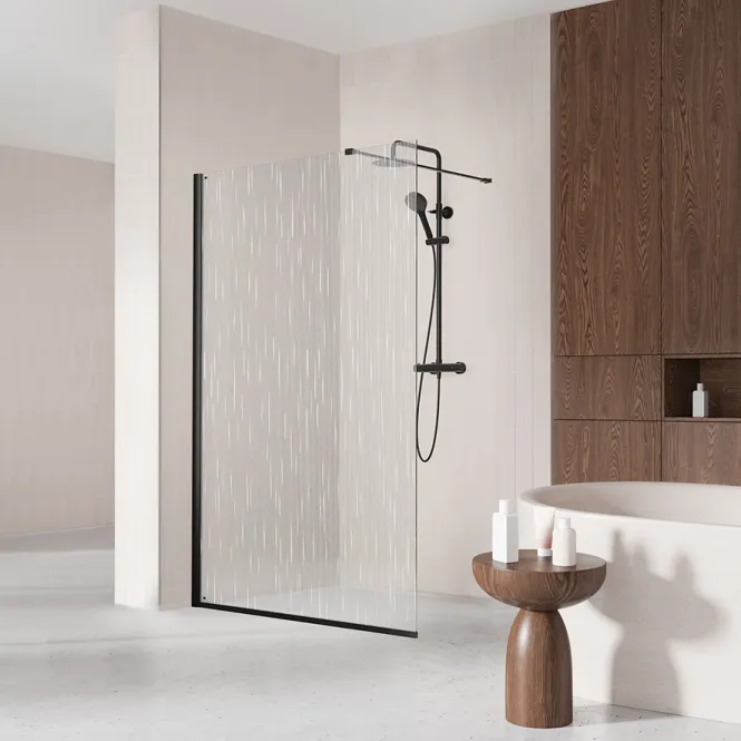 Hovedbilde Badnor Shildon dusjvegg/walk-in hjørne - MATT SORT - WHITE STRING glassfelt - 125cm
