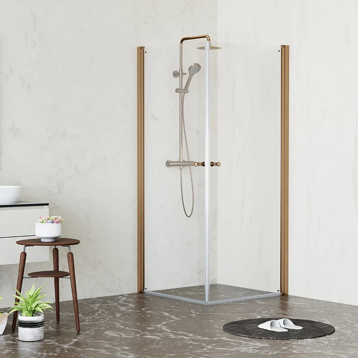 Badnor Grays dusjhjørne (rett) 80x80cm, BØRSTET KOBBER, klart glass 