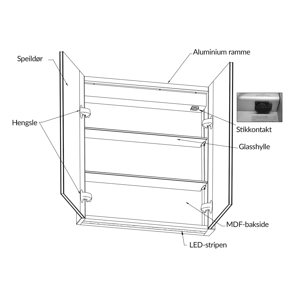Badnor Melissa 120cm mbl.pk m/enkel servant (98420) Leah speilskap m/lys