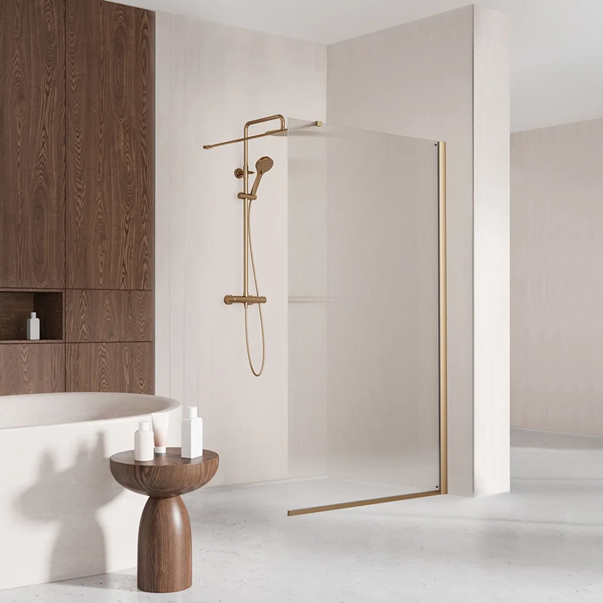 Badnor Shildon dusjvegg/walk-in hjørne - BØRSTET KOBBER - FLUTED glassfelt - 110cm