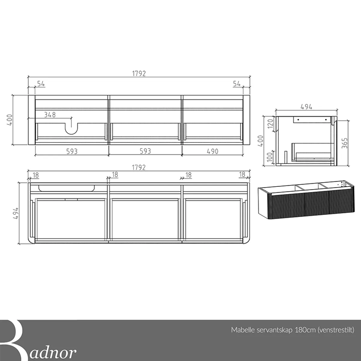Badnor Mabelle 180+40cm (VENSTRE) mbl.pk (9912) Leonora speil