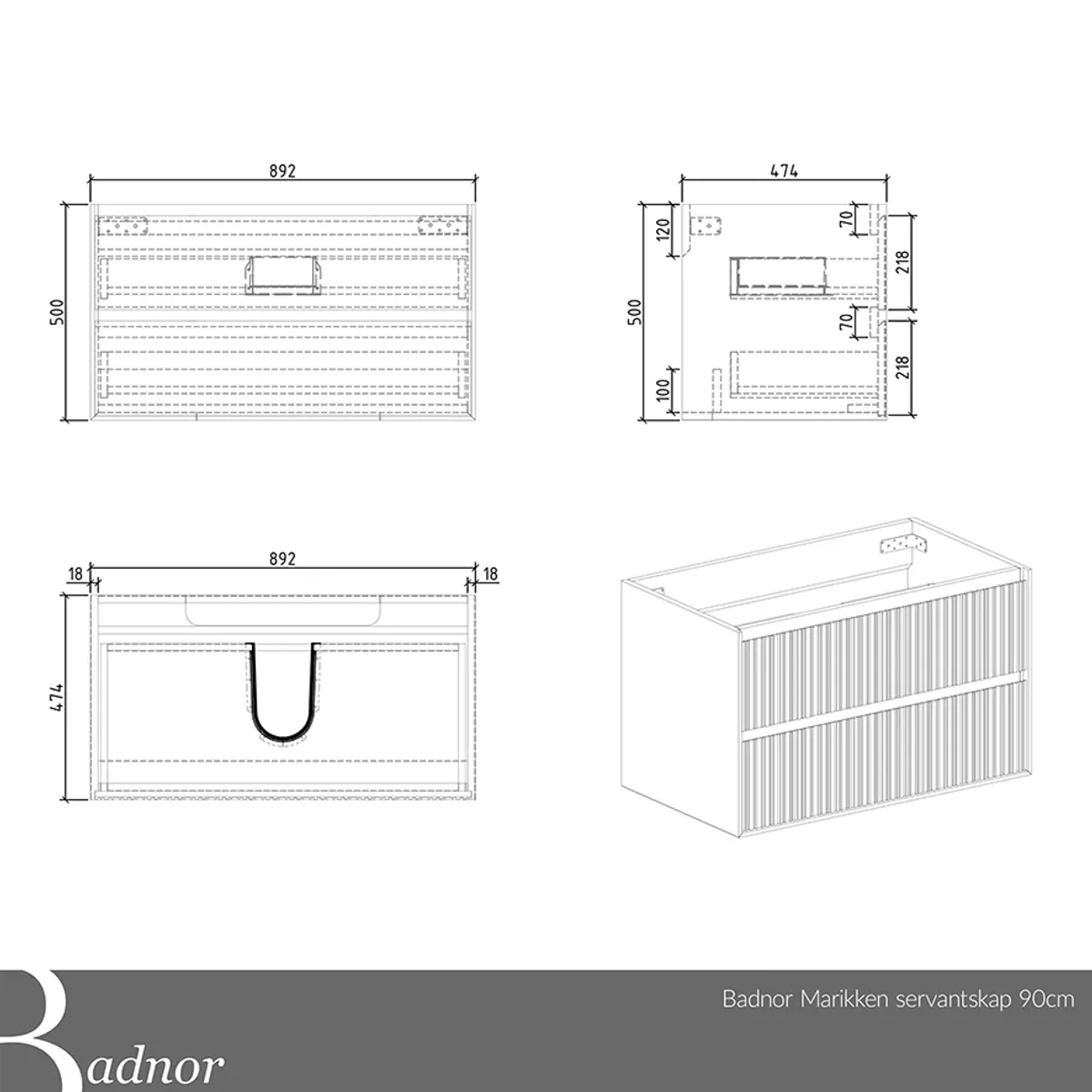 Badnor Marikken 90+35cm mbl.pk. (2222) Linnie speilskap
