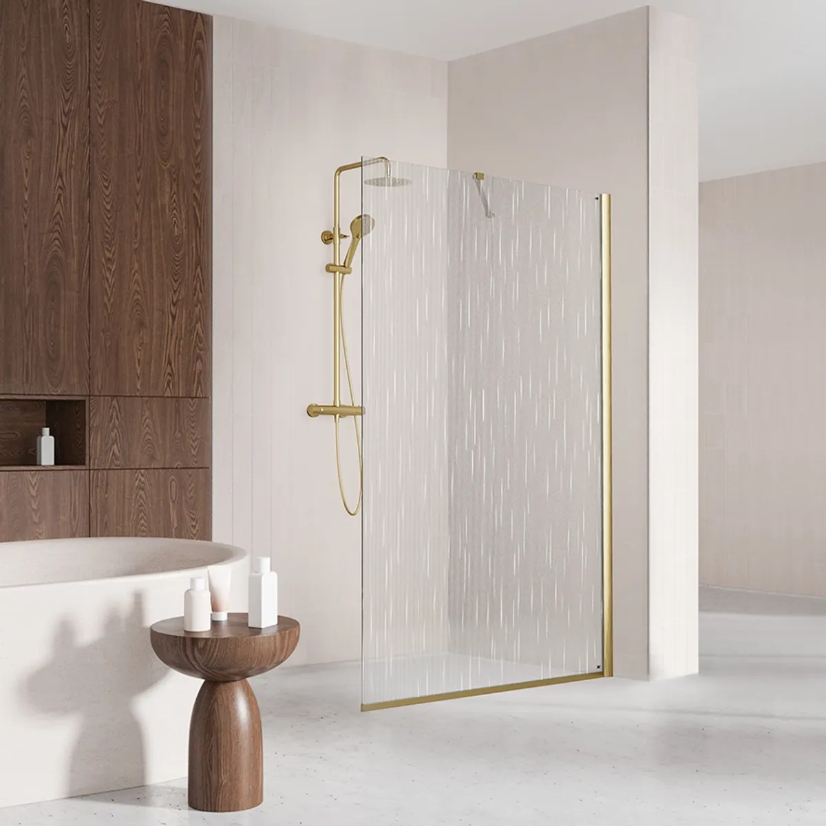 Badnor Shildon dusjvegg/walk-in hjørne - BØRSTET GULL - WHITE STRING glassfelt - 125cm