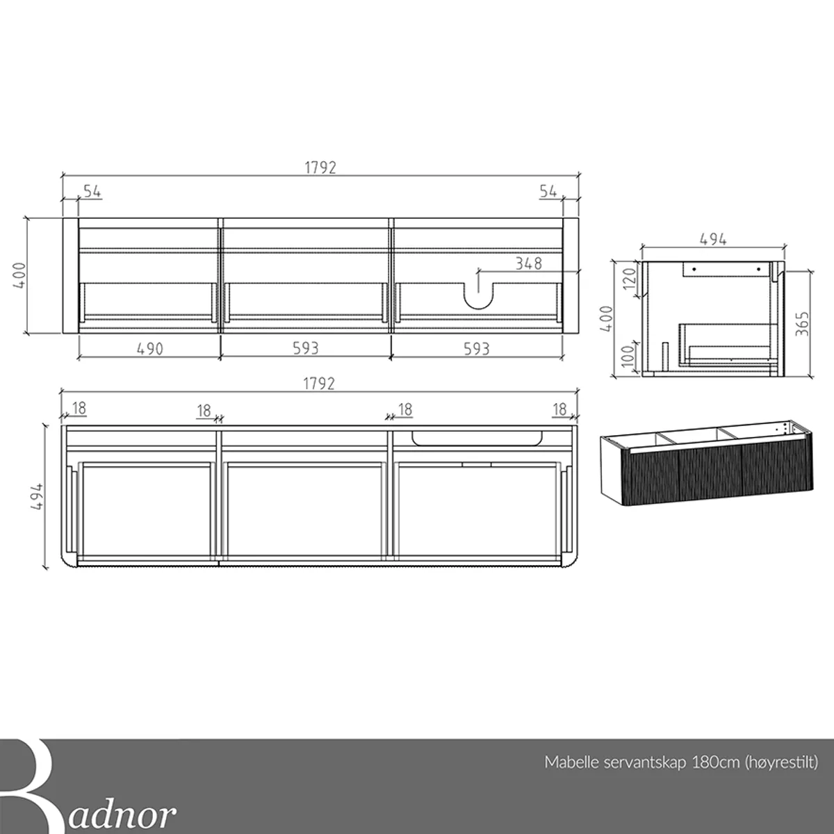 Badnor Mabelle 180cm (HØYRE) mbl.pk (9902) Leonora speil
