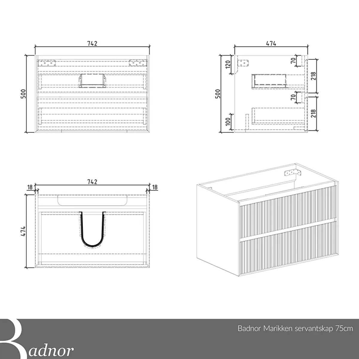 Badnor Marikken 75cm servantskap - UTEN SERVANT