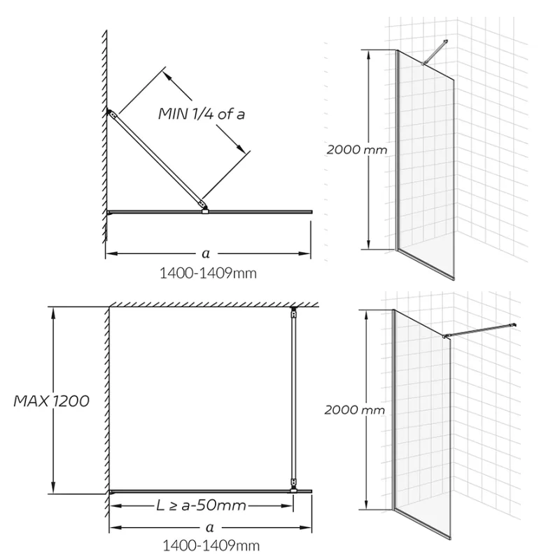 Badnor Sterling Straight ll dusjvegg, 1400x2000mm, KROM, 8mm