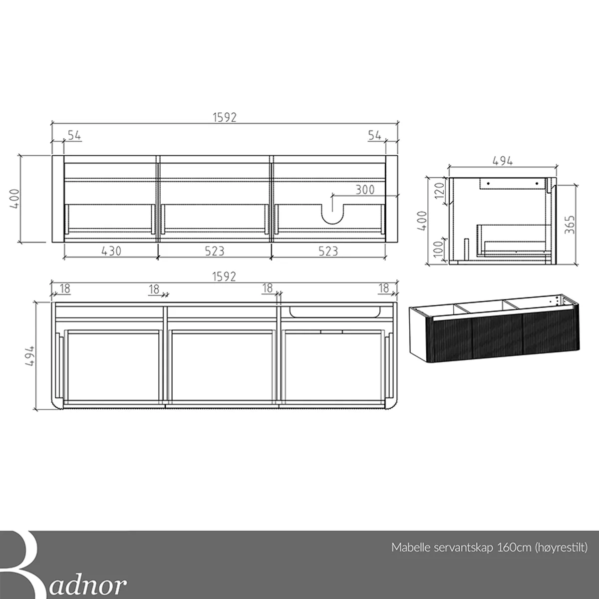 Badnor Mabelle 160+40cm (HØYRE) mbl.pk (9813) Sienna speil