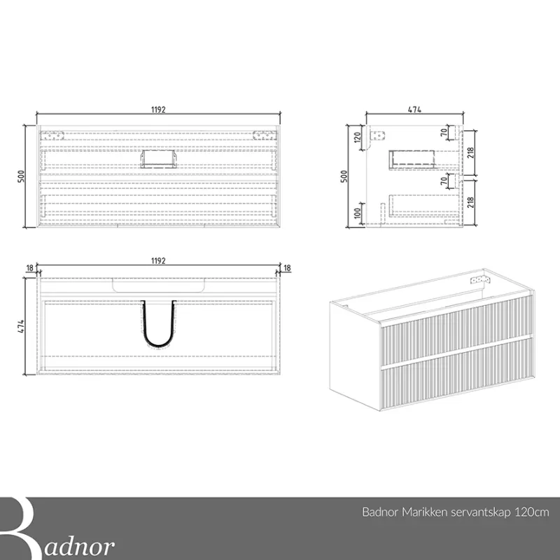 Badnor Marikken 120cm servantskap i LYS EIK/HVIT SPILE, m/hvit servant
