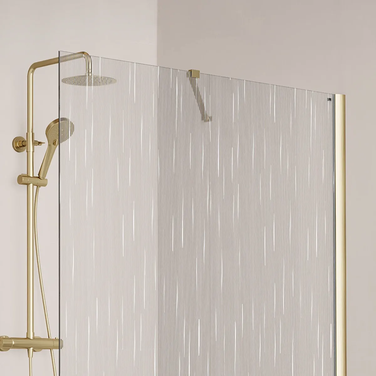 Badnor Shildon dusjvegg/walk-in hjørne - BØRSTET GULL - WHITE STRING glassfelt - 125cm