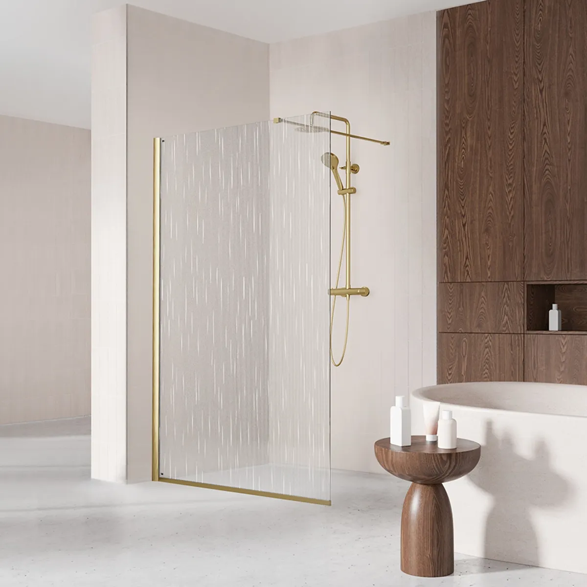Badnor Shildon dusjvegg/walk-in hjørne - BØRSTET GULL - WHITE STRING glassfelt - 125cm